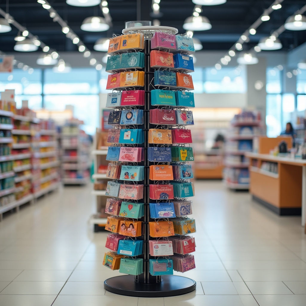 Retail store rack displaying a variety of gift cards with different denominations