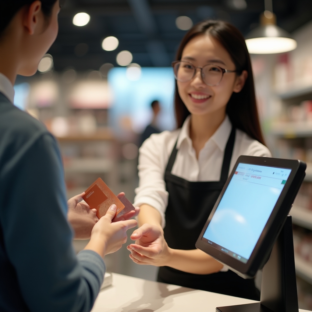 Customer handing a gift card to a cashier at a modern retail store checkout counter