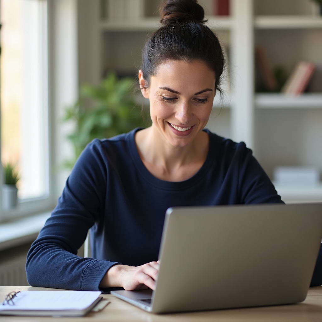 Person using a laptop in a calm, well-lit home office with a gift card on the desk, representing a secure online-shopping environment